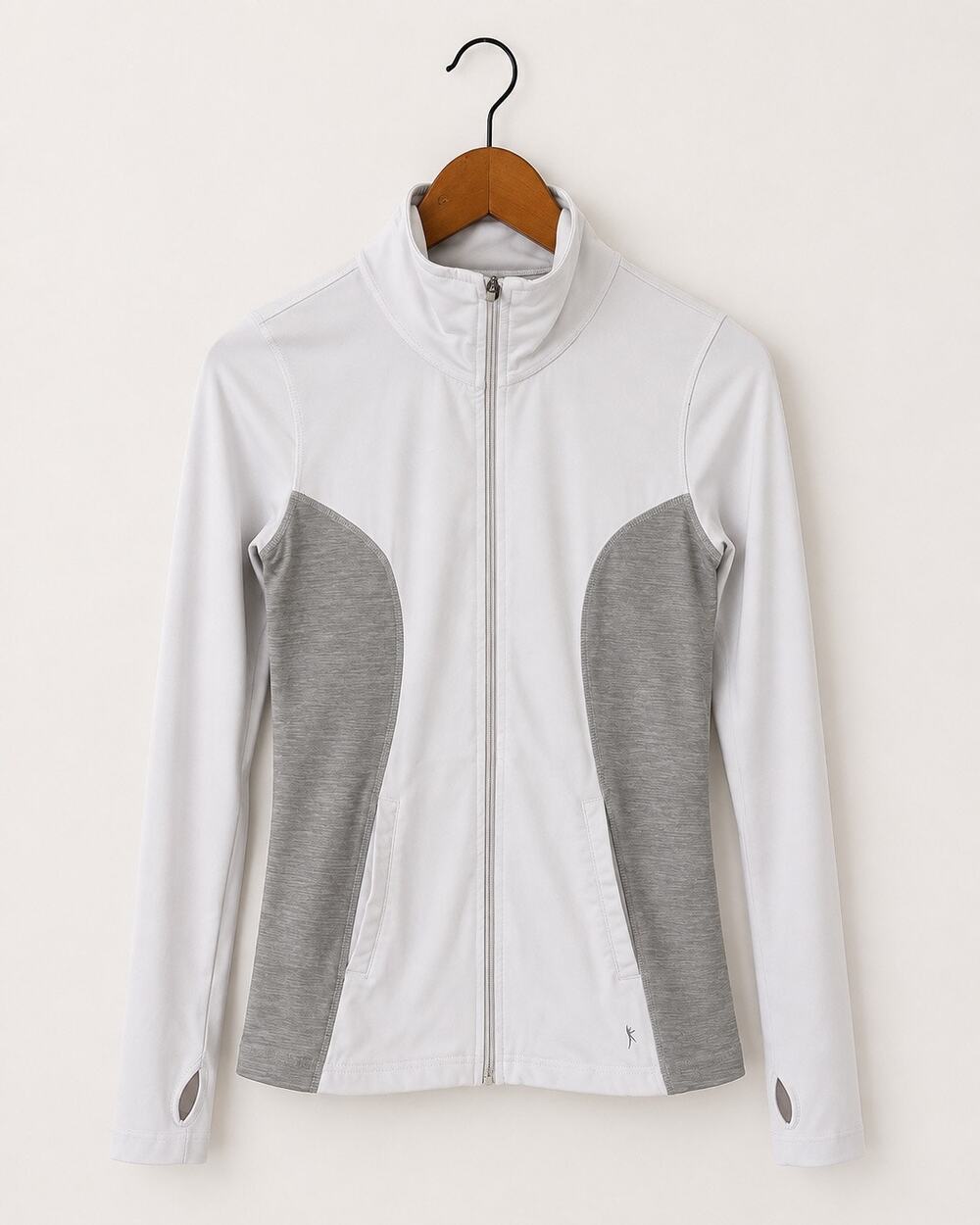Danskin Women’s Full Zip Athletic Jacket White Gray Thumbholes Activewear Sz XS